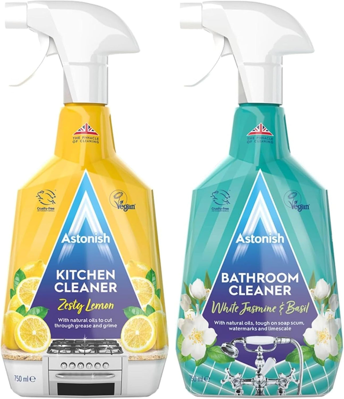 Astonish Bathroom Cleaner White Jasmine & Basil 750ML + Kitchen Cleaner Zesty Lemon 750ML - Streak Free Shine - Tough on Dirt & Grime - Deep & Effective Cleaning - Vegan - Cruelty Free - Eco Friendly — front product image
