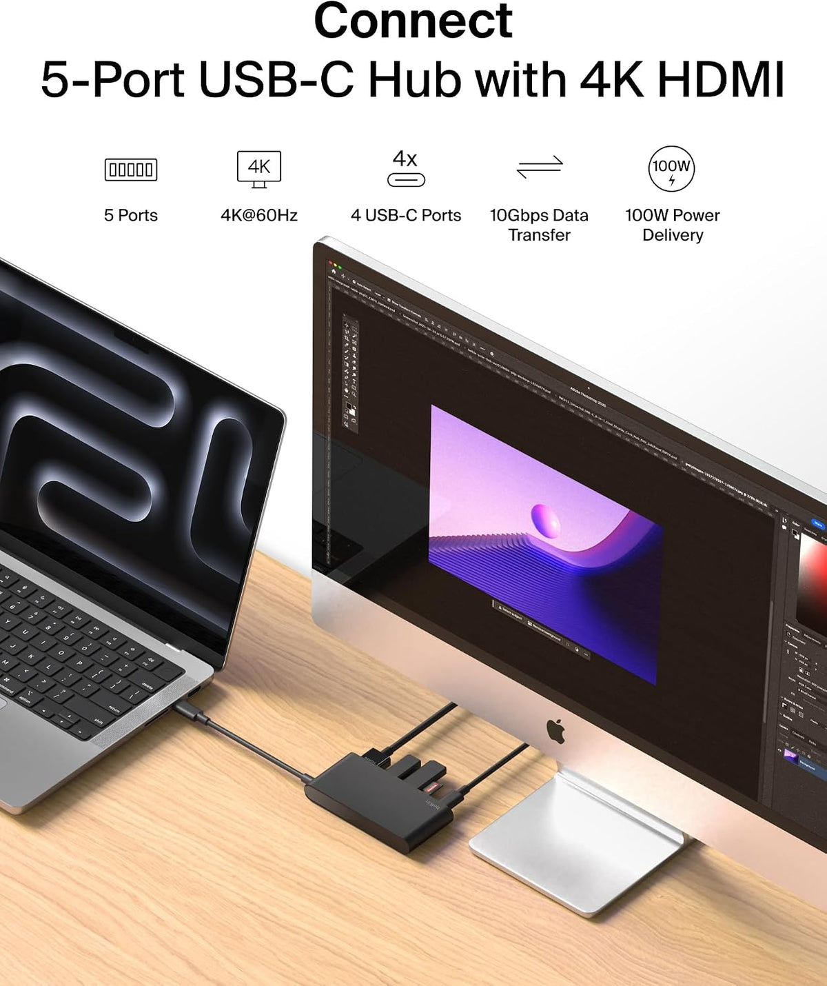 Belkin USB-C Hub, 5-Port Hub with 4K HDMI Display @ 60Hz, 100W Power Delivery, Fast Data Transfer 10Gbps, USB-C Multiport Adapter - Compatible with MacBook, iPad Pro, Chromebook, & More