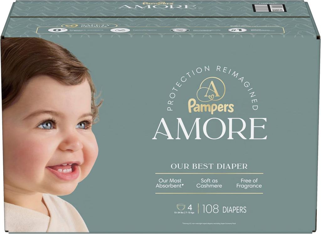 Pampers Amore, Size 4 (15-34 lbs), 108 Count, Our Best Diaper – Hypoallergenic & Fragrance Free, Up to 100% Leakproof, Soft as Cashmere