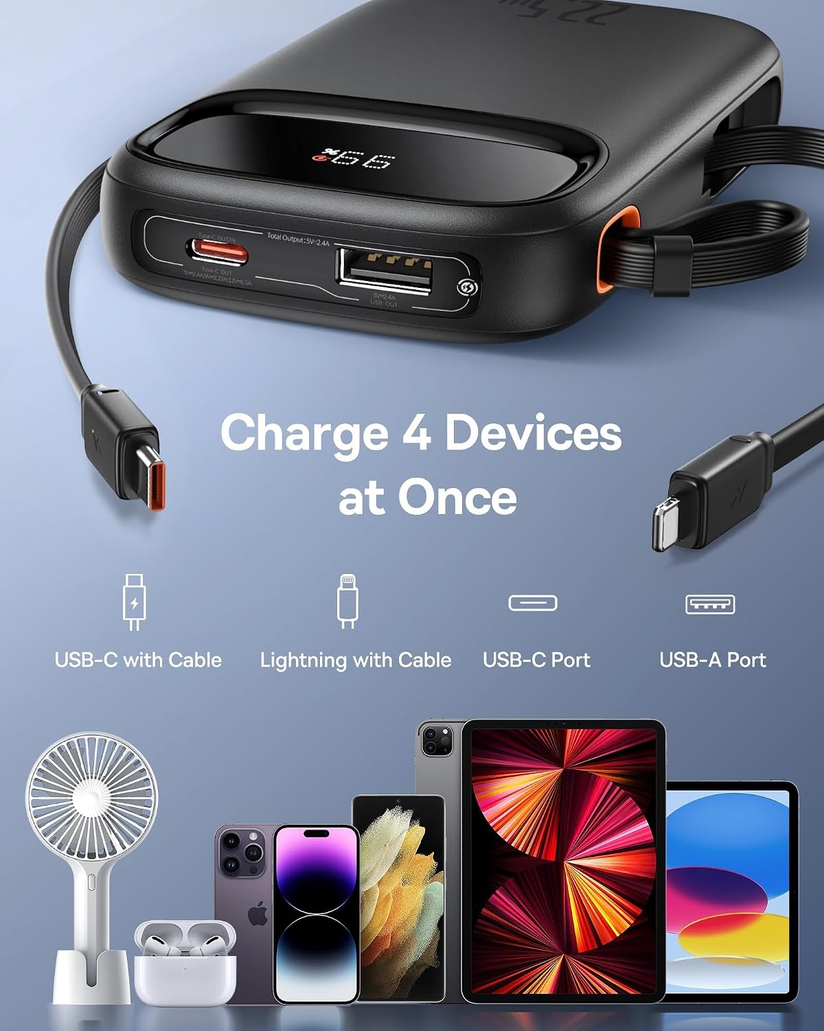 Baseus Qpow2 10000mAh Power Bank with Built-in Cables, 22.5W Fast Charging Portable Charger with LED Display, 4 Output Battery Pack — 10K-22.5W-C+L — Black