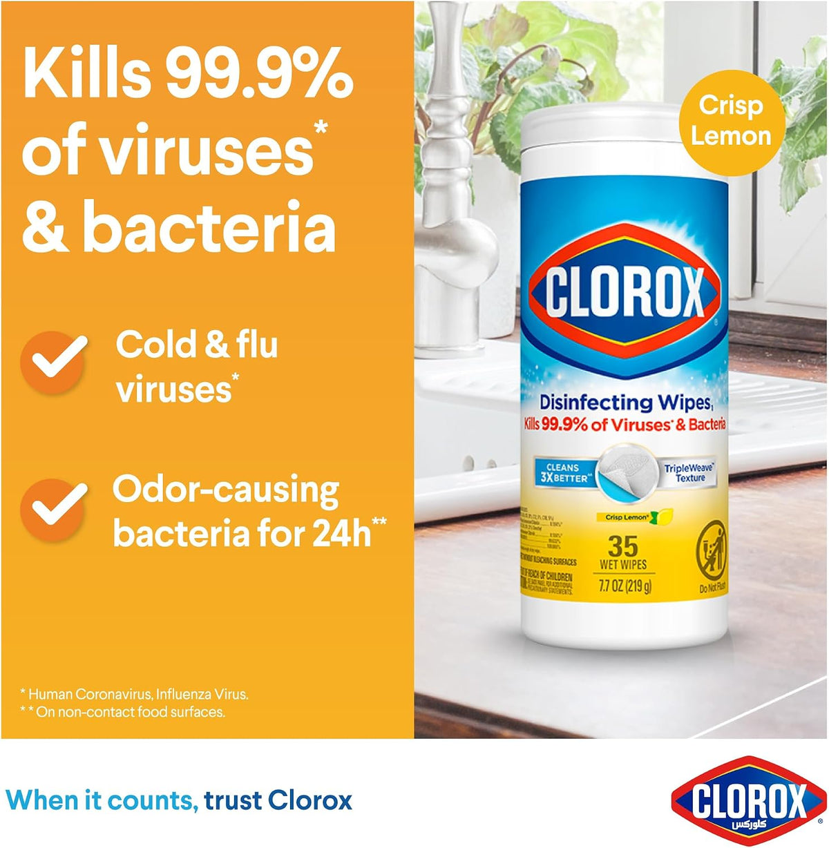 Clorox Disinfecting Wipes, 35 Wet Wipes, Crisp Lemon, Cleans 3x Better, Kills 99.9% of Viruses and Bacteria — additional view 2