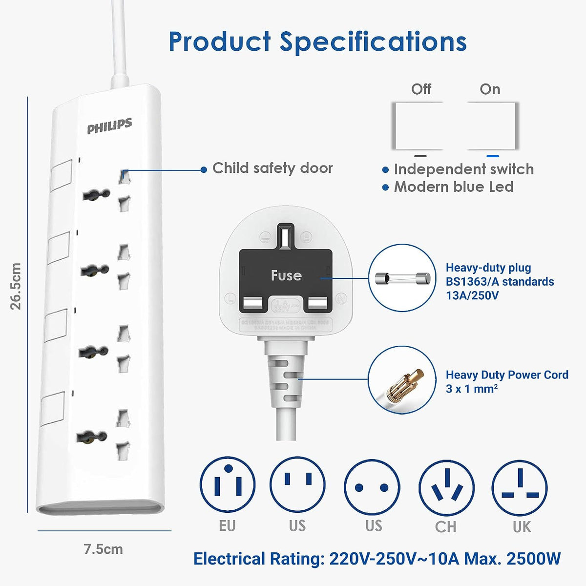 Philips 4-Way Universal Power Extension Cord with Individual Switches (3M), 2500W Overload Protection, 750°C Fire-Resistant, 3x1mm² Heavy Duty Cable, 13A Fuse, ESMA Certified, UK Plug (4UV-3m) — White