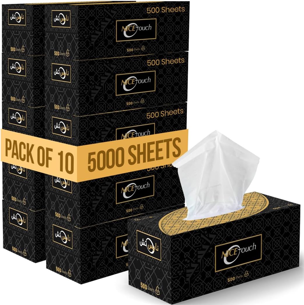 Nice Touch Facial Tissue Boxes, 1 Ply x 10 Black Tissue Saving Packs of 500 Sheets each — front product image