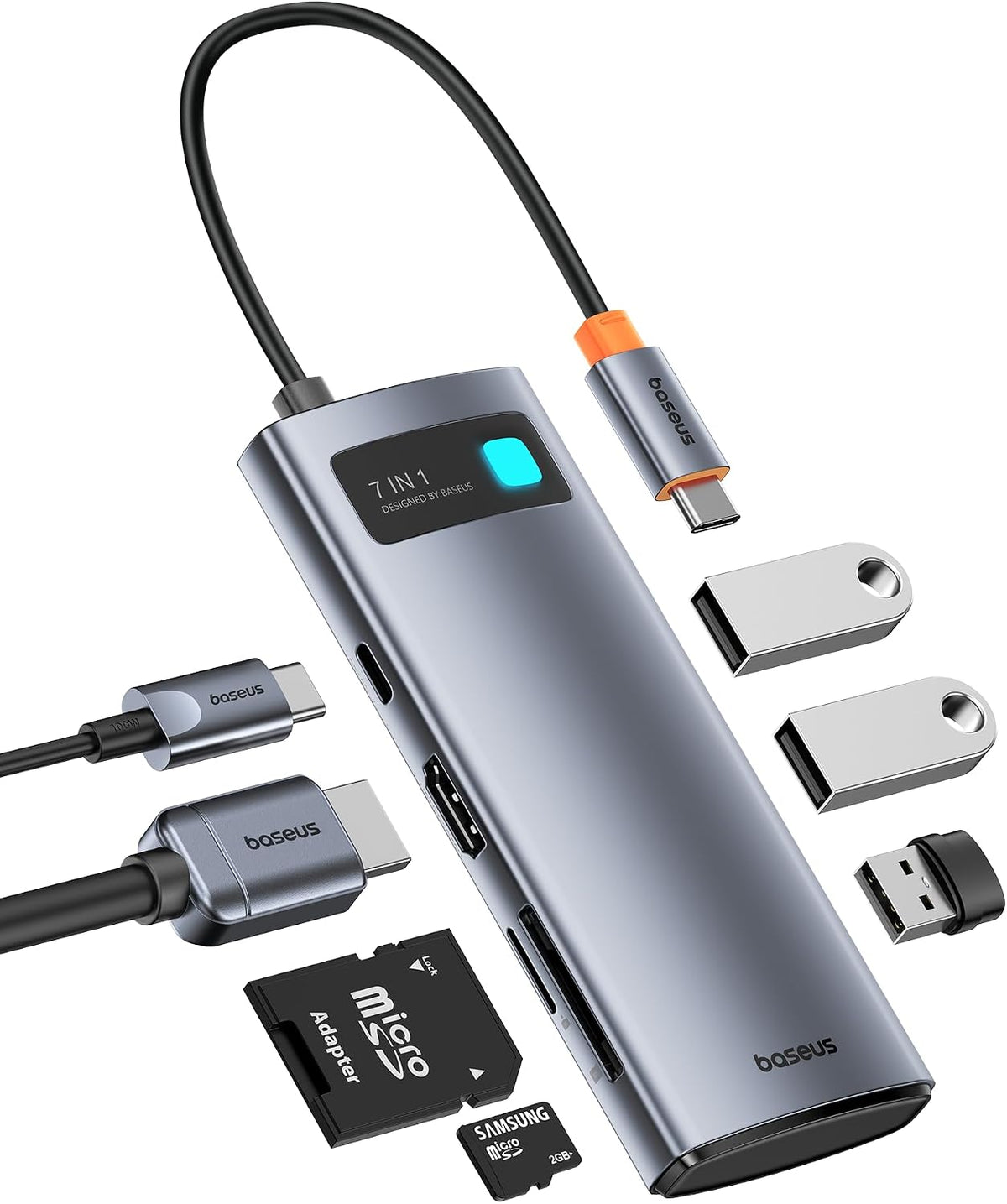 Baseus 7-in-1 USB-C Hub, 4K@60Hz HDMI Adapter, 3x USB 3.0, PD 100W, SD/TF Card Reader — 7 in 1 — Silver