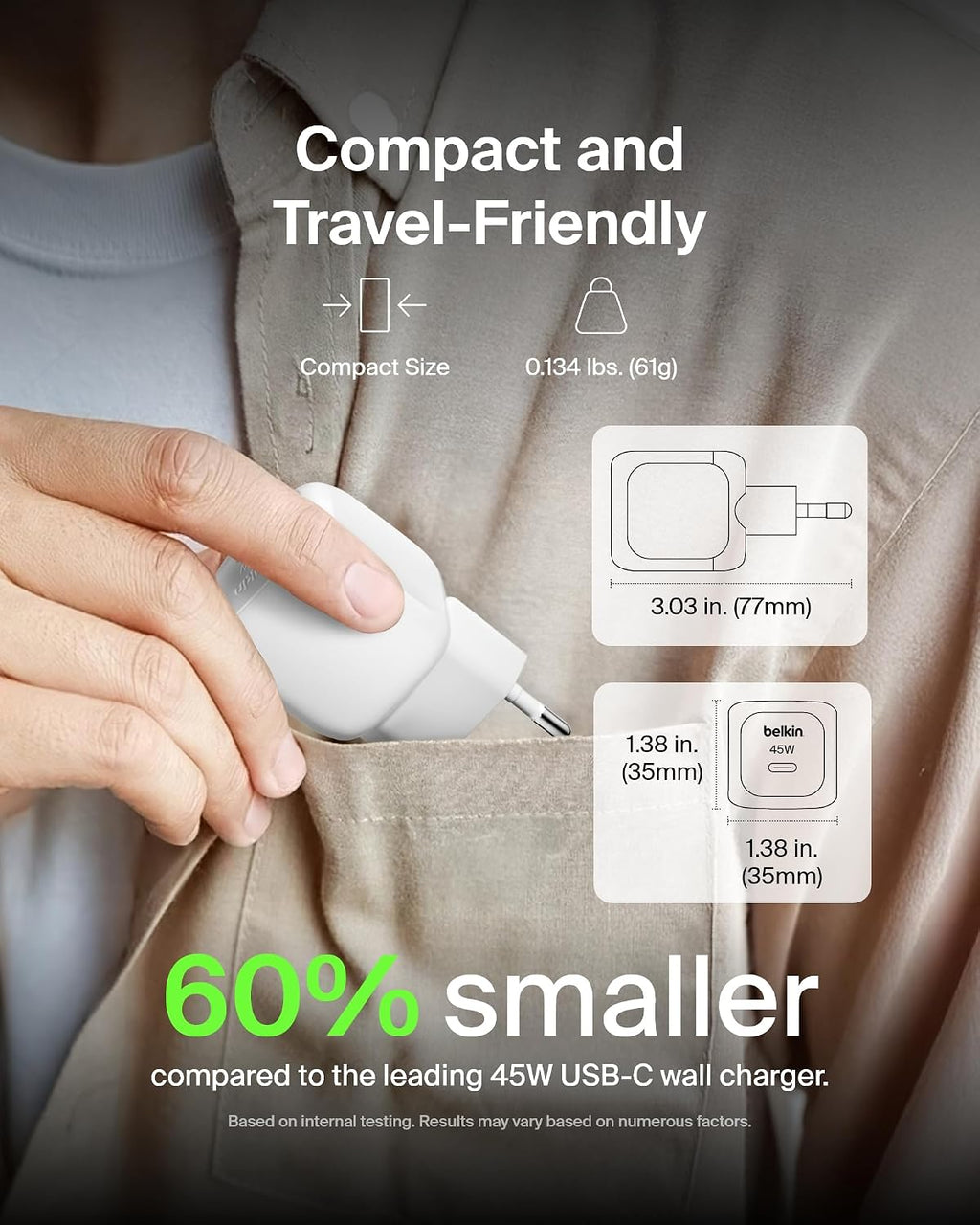 Belkin Compact USB Charger (45W) USB-C Power Delivery Fast Charging for Apple iPhone 16, 16 Plus, 16 Pro, 16 Pro Max, iPhone 15 Series, Samsung Galaxy S25, iPad, AirPods etc. - White