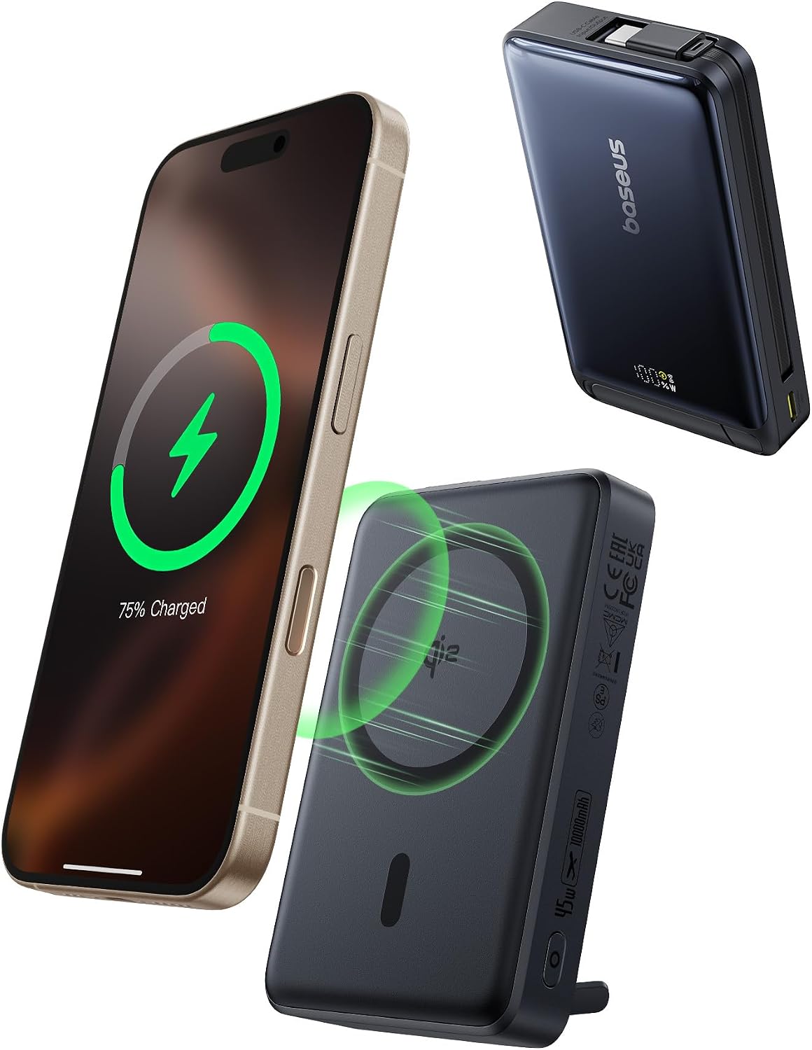 Baseus Nomos 3-in-1 Qi2 Certified MagSafe Power Bank, 15W Wireless with 45W Fast Charging Portable Phone Charger, 10,000 mAh with USB-C Built-in Cable + Type-C Port — 10000mAh-45W-w/Cable & stand — Black