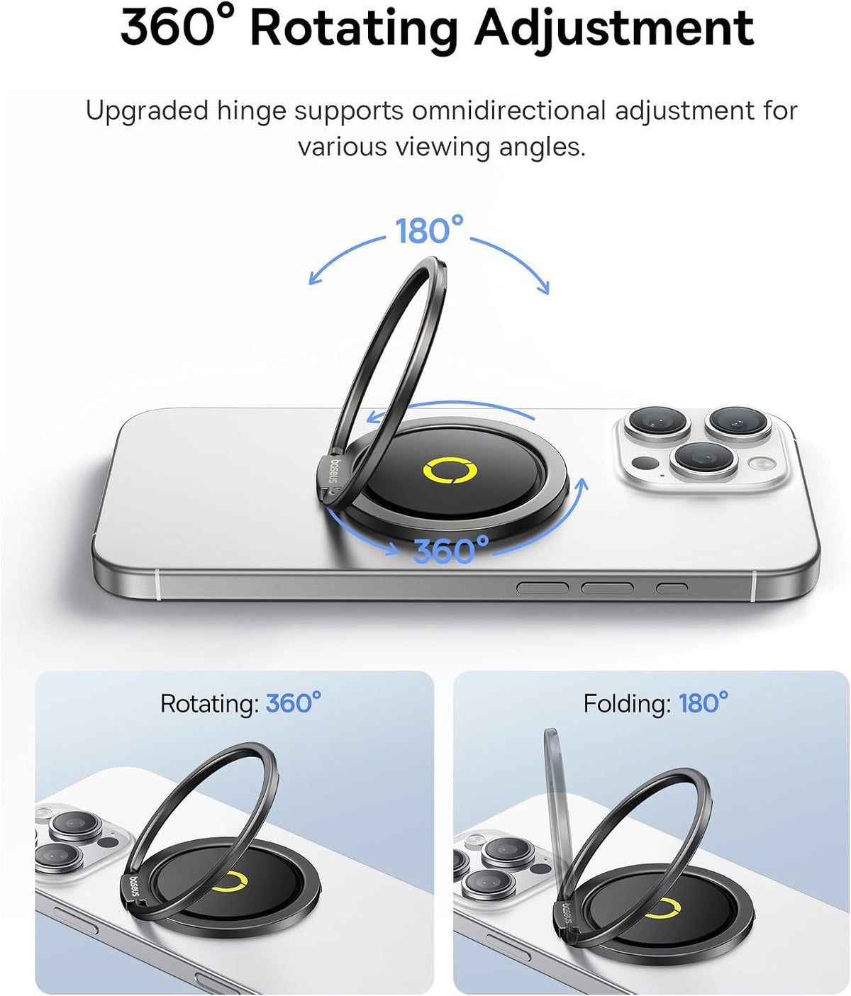 Baseus MagPro II Magnetic Ring for iPhone MagSafe, Magnetic Holder 7.5N, 360° Rotary Mount for iPhone 17 16 15 14 13 12 Pro MAX — Grey