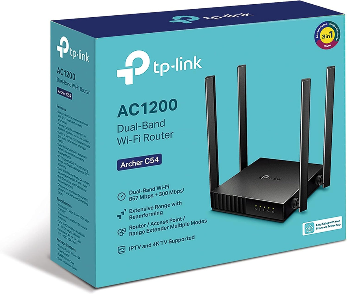 Tp Link Ac1200 Wifi Router Archer C54 5Ghz Dual Band Mu Mimo Wireless Internet Router Multi Mode 3 In 1 4 External Antennas Long Range Coverage Parental Controls, Black