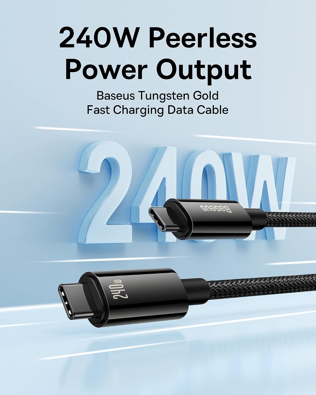 Baseus USB C Cable, 240W PD 3.1 5A Fast Charging USB C to USB C Charger Cable, Zine Alloy Nylon Braided Type C Cable — 1M — Black