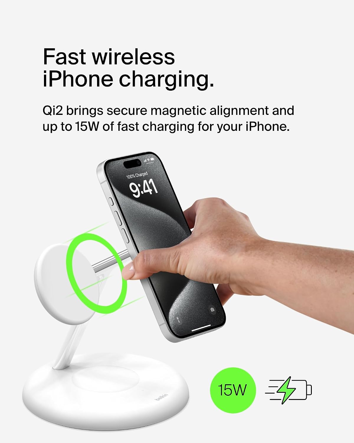 Belkin 3 in 1 Wireless Charging Stand 15W with MagSafe Compatible Qi2 Technology, Fast Charger for iPhone 16, 15, 14, AirPods, Apple Watch (Power Supply Included) - White