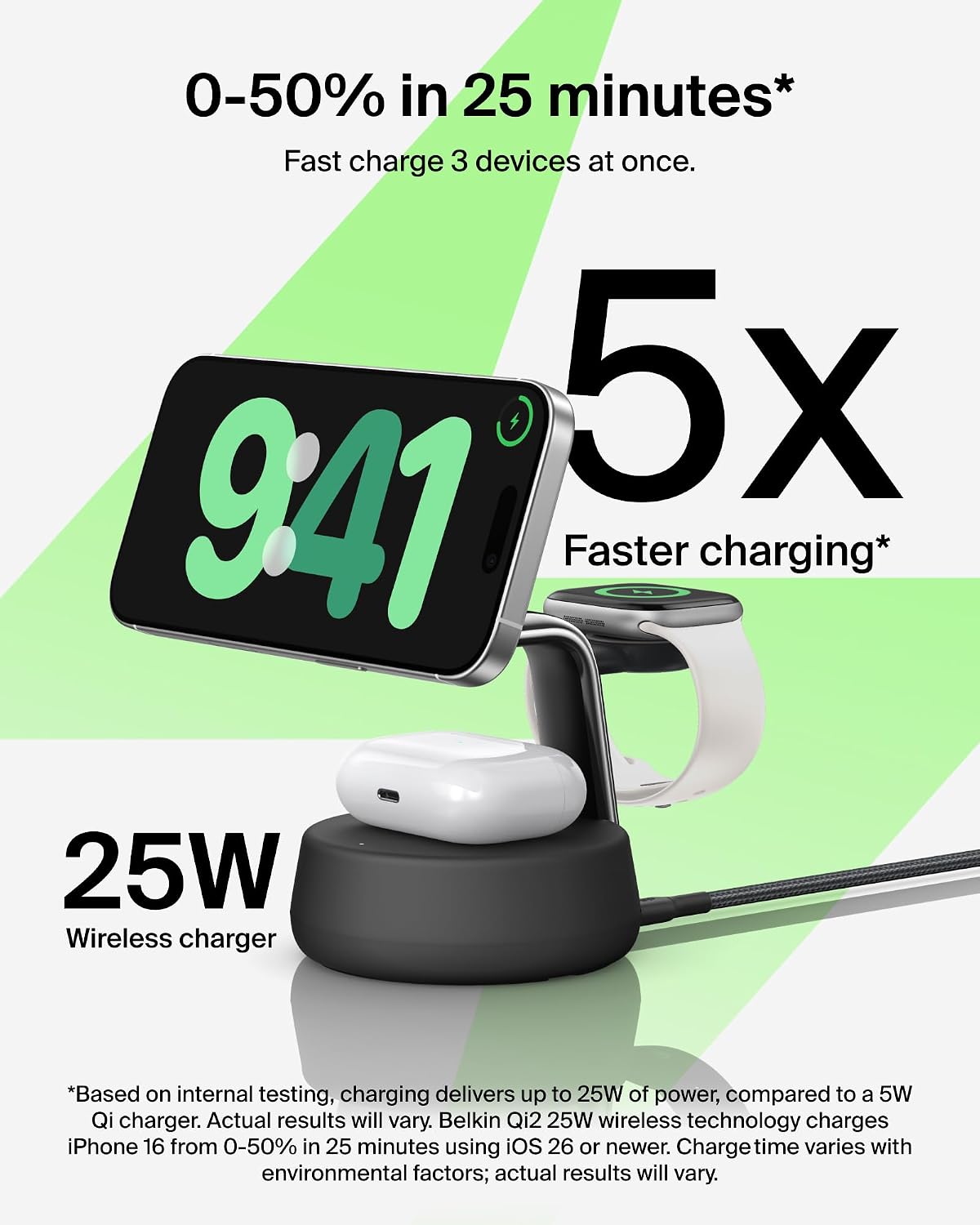 Belkin UltraCharge Pro 25W 3 in 1 Wireless Charging Station, Qi2.2 - Black