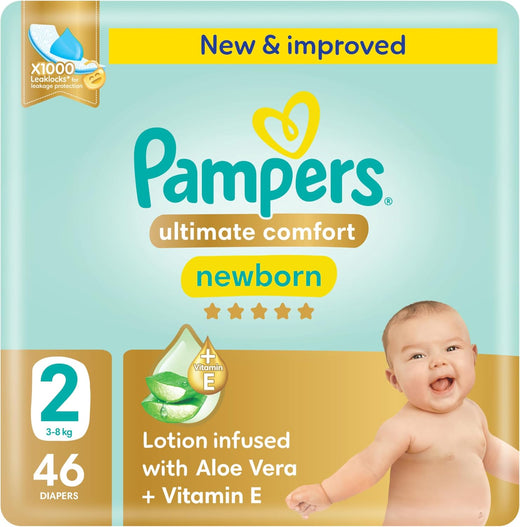 Pampers Ultimate Comfort Taped Diapers, Size 2, 3-8kg, Lotion infused with Aloe Vera and Vitamin E, x1000 Leak Locks Technology for Leakage Protection, MIP, 46 Count
