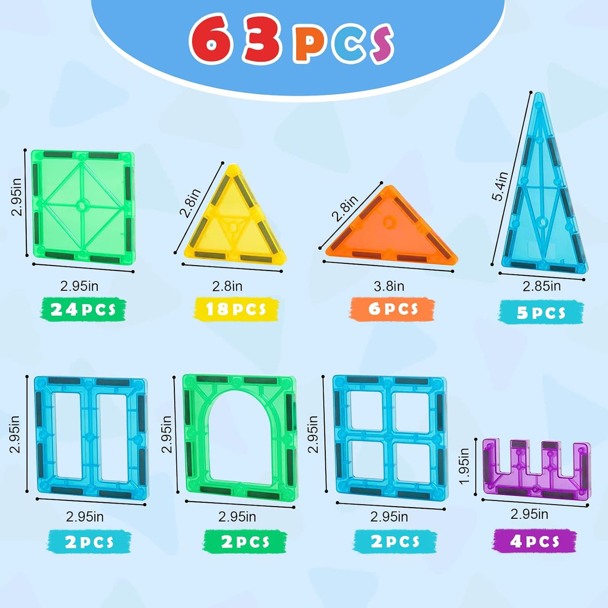 Gemmicc Classic Magnetic Tiles — 63 Pieces — 63 Pieces