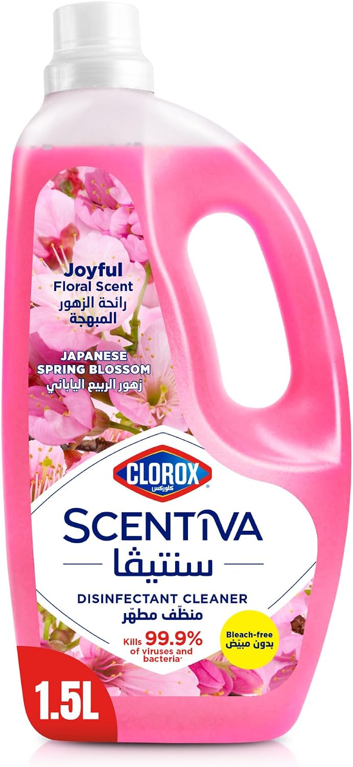 Clorox Scentiva Disinfectant Floor Cleaner 1.5L, Japanese Spring Blossom, Kills 99.9% of Viruses and Bacteria, Bleach Free — front product image