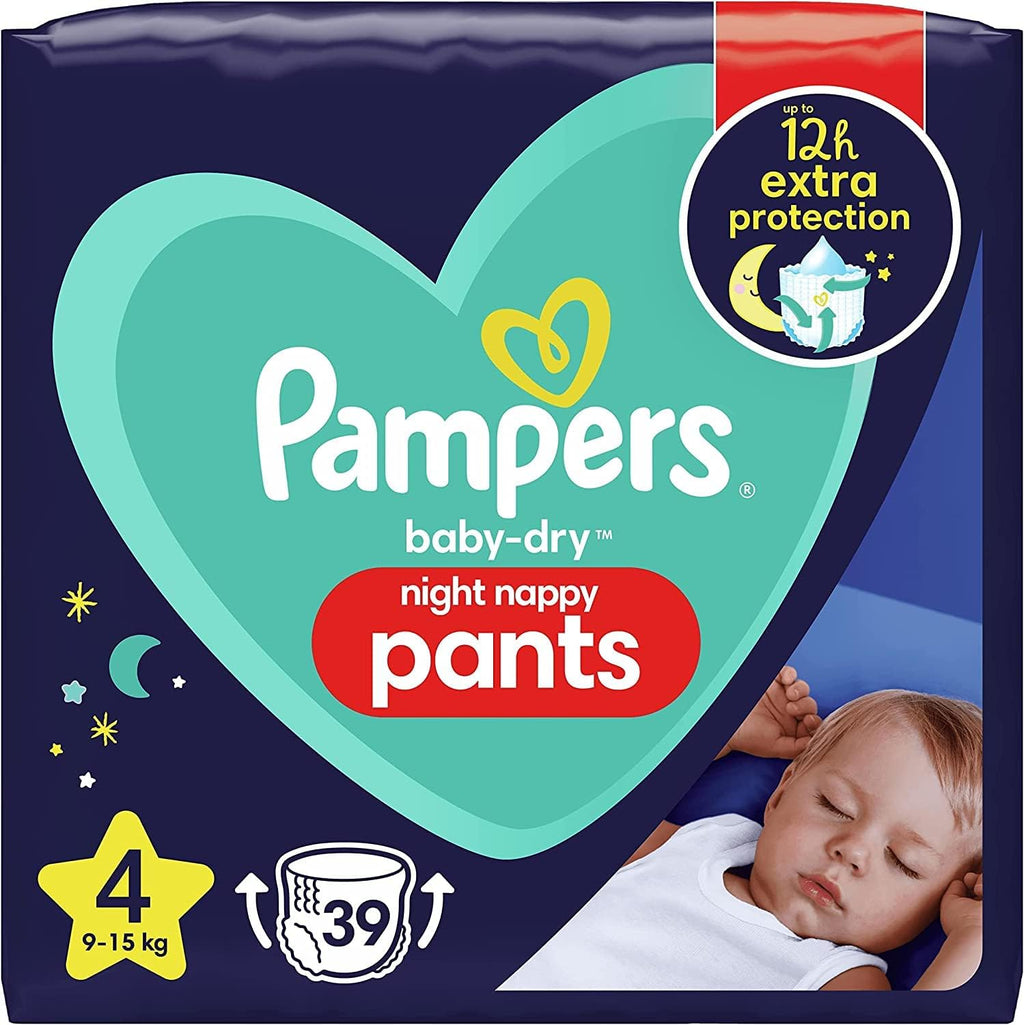 Pampers Baby Nappy Pants Size 4 (9-15 kg/20-33 Lb), Baby Dry Night, 39 Nappies, Pampers' Most Absorbent Pants for Extra Night Protection