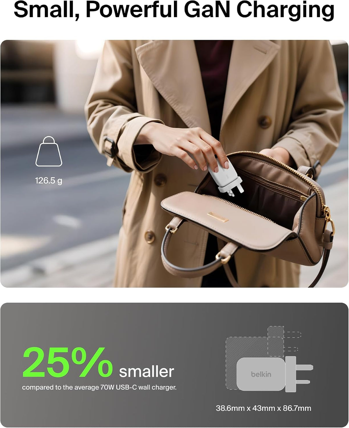 Belkin 3-Port USB-C Plug 70W, Multi-Port GaN Wall Charger with 2x USB-C & 1x USB A Ports, UK and US Plug Tips, Fast Charging for MacBook, iPhone 17, iPad, Samsung Galaxy S25, Google Pixel, etc - White