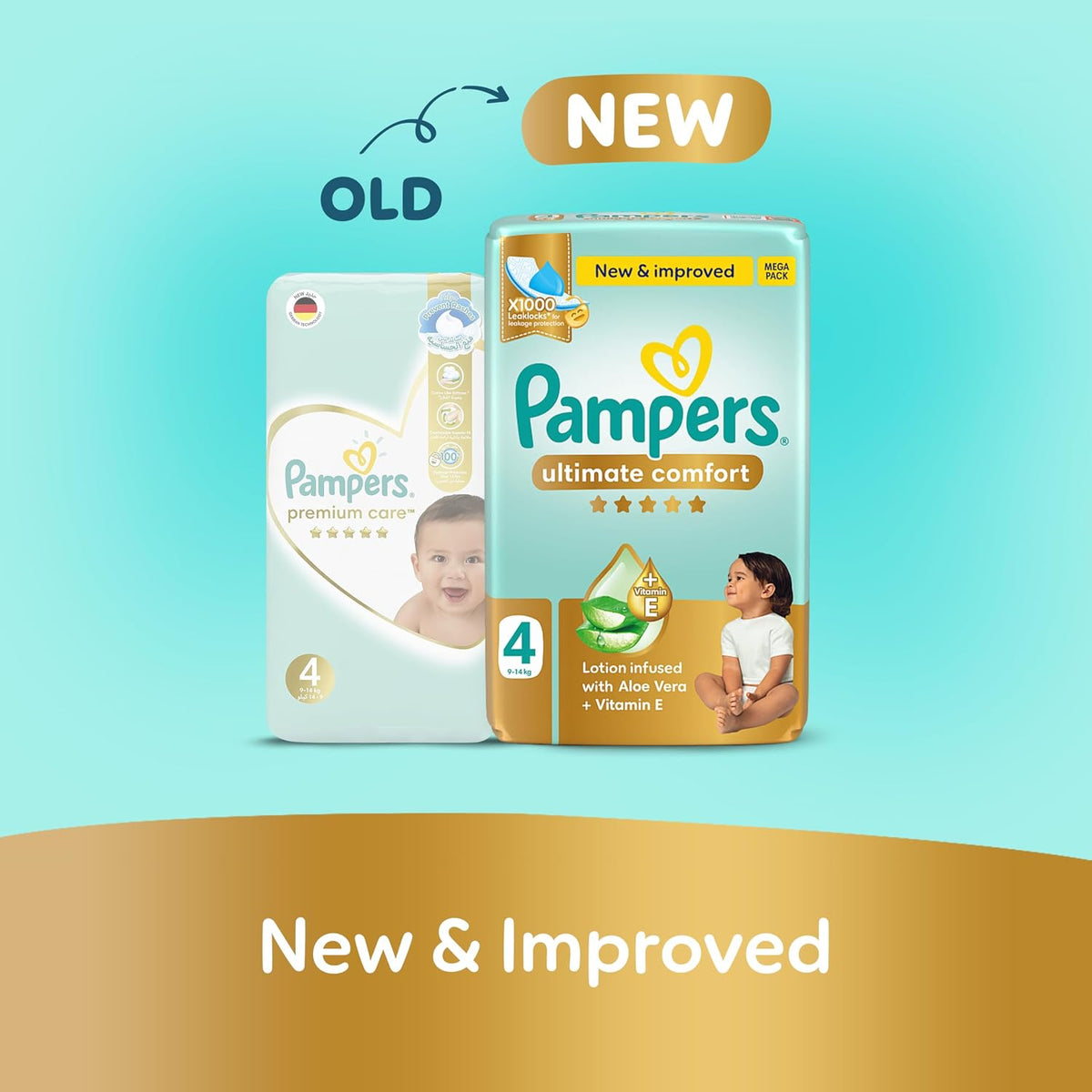 Pampers Ultimate Comfort Taped Diapers, Size 4, 9-14kg, Lotion infused with Aloe Vera and Vitamin E, x1000 Leak Locks Technology for Leakage Protection, 54 Count
