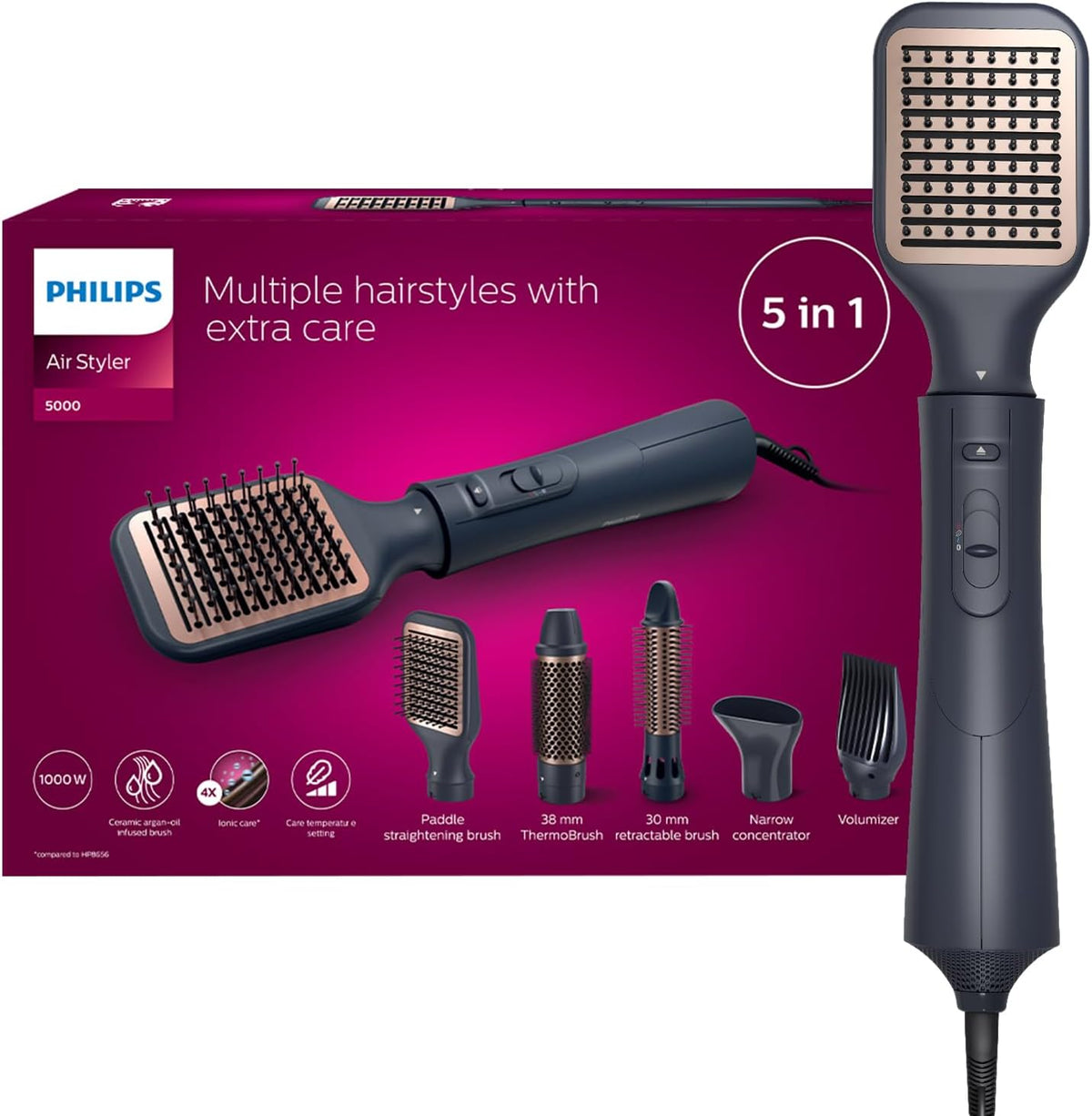 Philips 5000 Series Air Styler BHA530/03 — 1000W — 5-in-1 Dryer & Styler (Nozzle, Retractable bristle brush,38mm Thermobrush,Paddle straightening brush,Volumizer) — Ionic care — Argan-oil infused brush — Metallic/Neutral