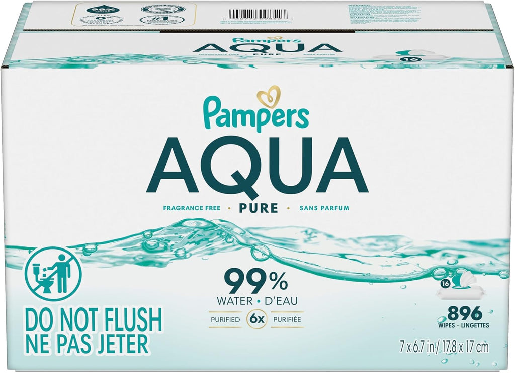 Pampers Aqua Pure Sensitive Baby Wipes, 99% Water, Hypoallergenic, Unscented (896 Count, 16 Flip-Top Packs)