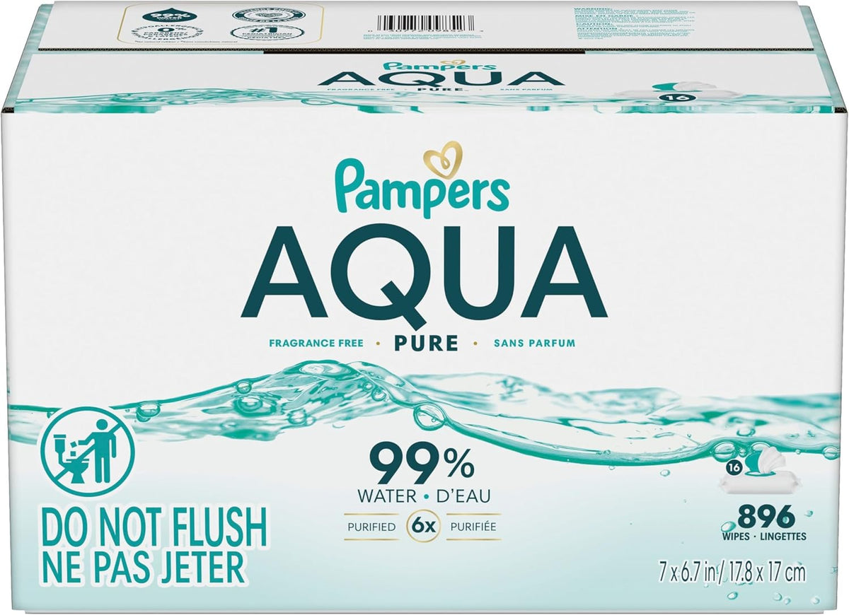 Pampers Aqua Pure Sensitive Baby Wipes, 99% Water, Hypoallergenic, Unscented (896 Count, 16 Flip-Top Packs)