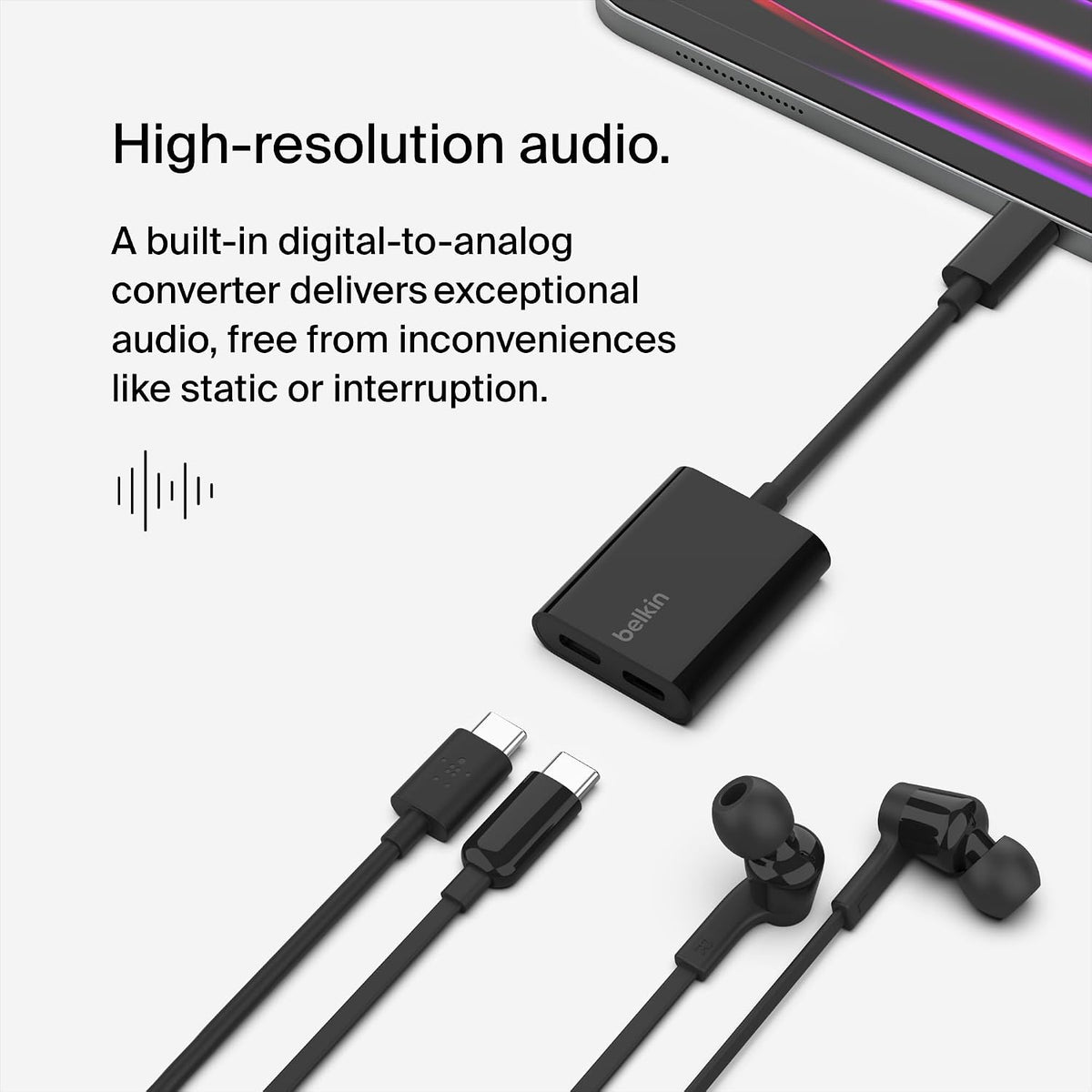 Belkin RockStar™ USB-C Audio + Charge Adapter, Headphone Adapter w/ USB-C 60W Power Delivery Fast Charging for iPhone 15, iPad Pro, Galaxy, Note, Google Pixel, LG, Sony, OnePlus, and More - Black