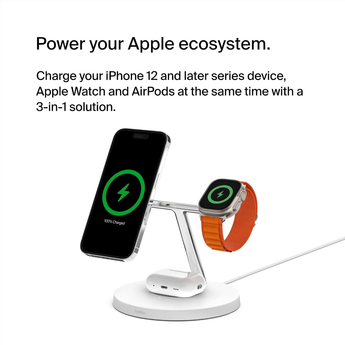 Belkin MagSafe 3 in 1 Wireless Charging Station, 15W iPhone and Apple Watch Fast Wireless Charger, AirPods Charging Station for iPhone 16, 15, 14, 13, 12 Series, Apple Watch 10/9/8, SE, Ultra - White