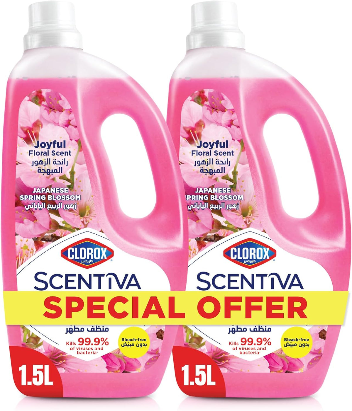 Clorox Scentiva Disinfectant Floor Cleaner 1.5L Dual Pack, Japanese Spring Blossom, Bleach Free — front product image