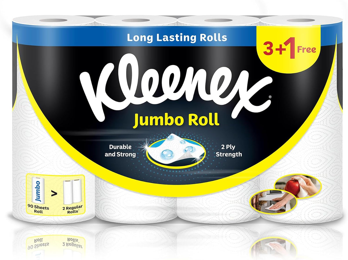 Kleenex Multi Purpose Kitchen Tissue Paper Towel, 2 PLY, 4 Rolls x 90 Sheets, Absorbent Towels for all Surfaces — front product image