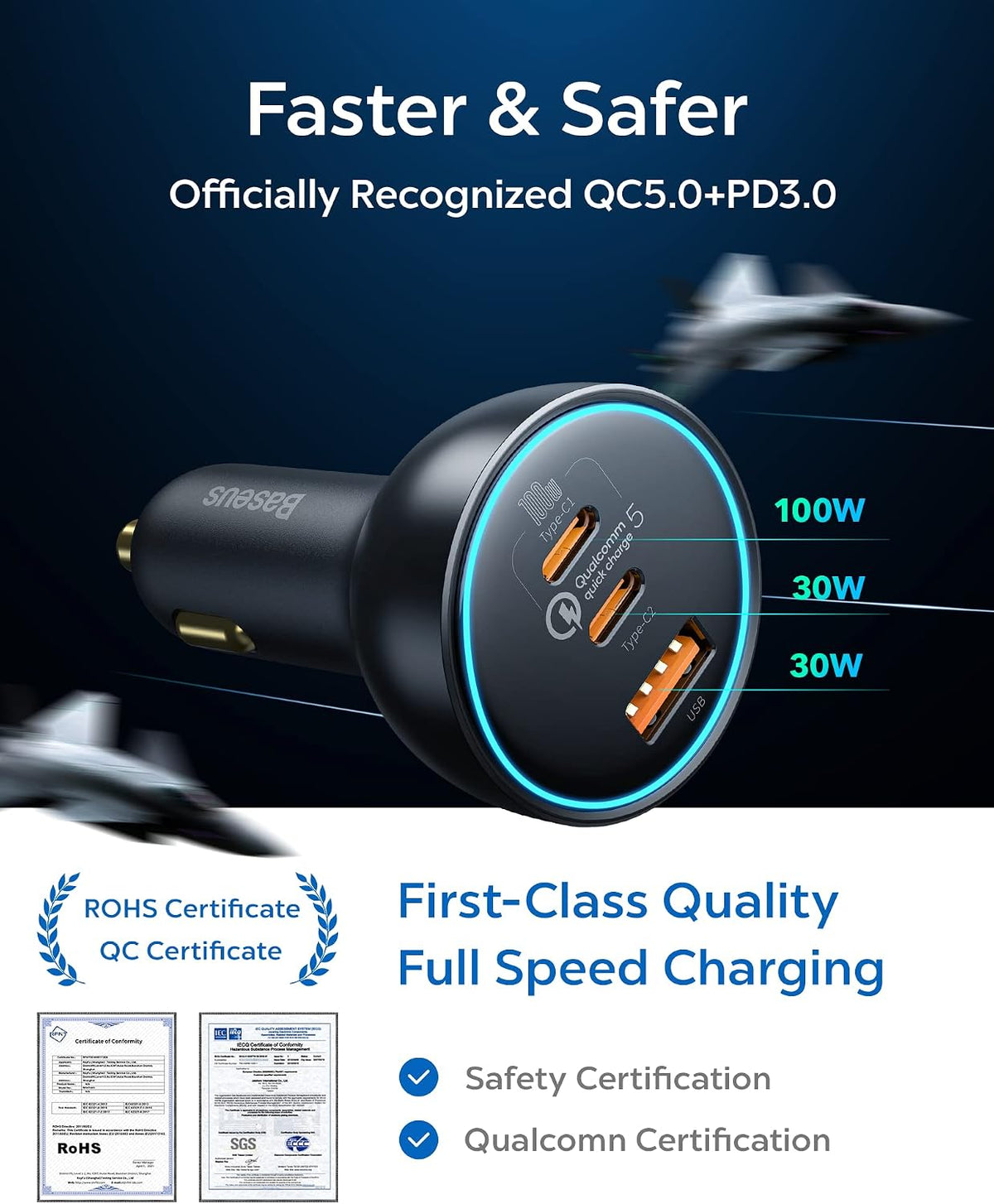 Baseus USB C Car Charger, Baseus 160W USB Car Charger, QC5.0 PD3.0 3 Ports Fast Car Charger Adapter, Cigarette Lighter USB Charger — Grey