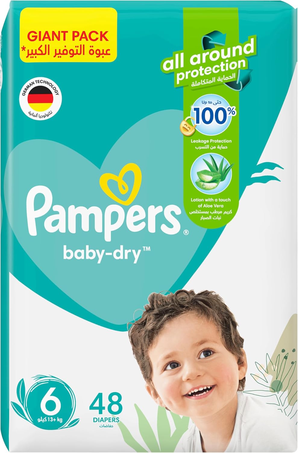 Pampers Baby-Dry Taped Diapers with Aloe Vera Lotion, up to 100% Leakage Protection, Size 6, 13+kg, 48 Count
