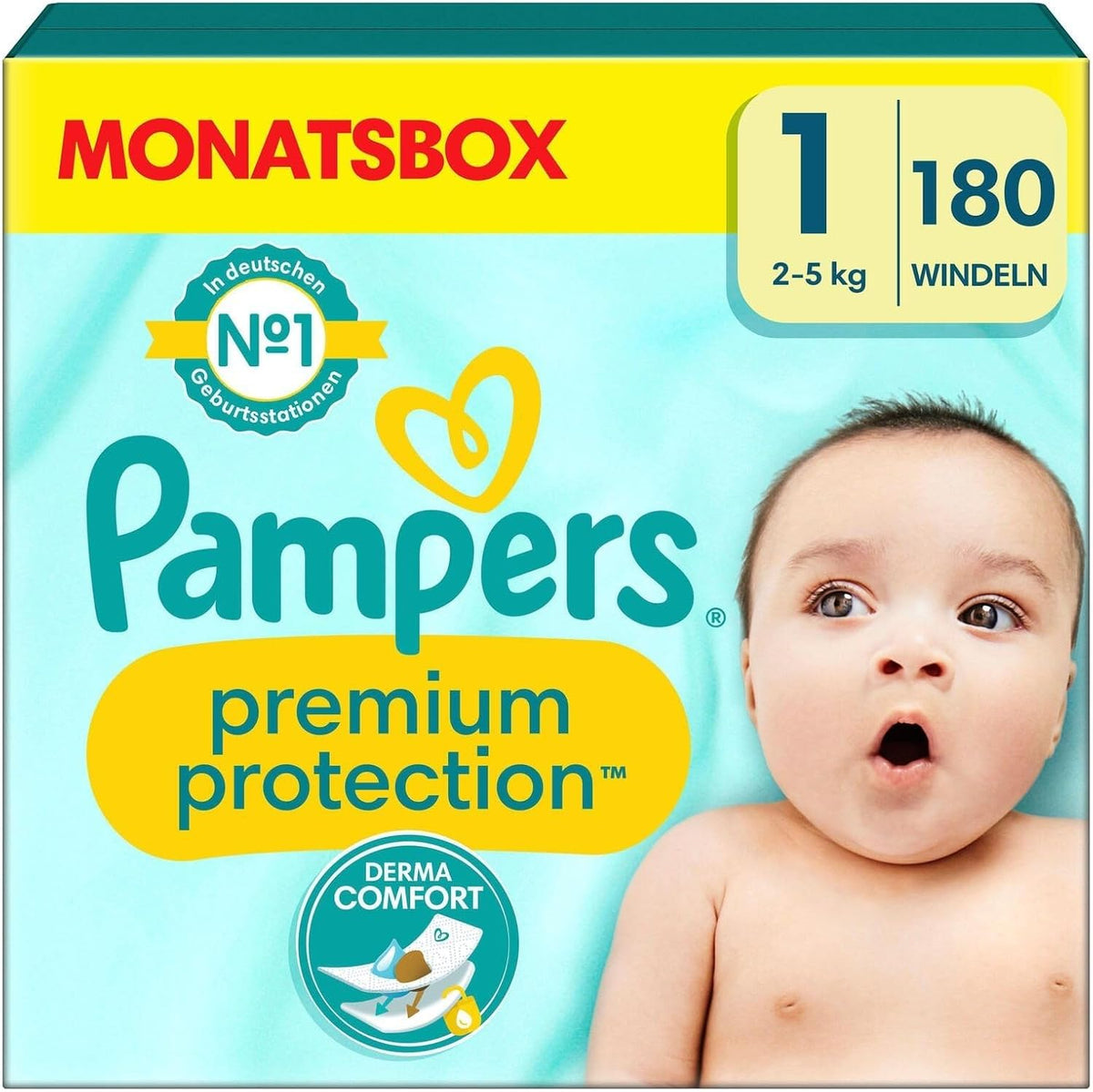 Pampers Premium Protection Size 1, 180 Nappies, 2 kg - 5 kg, Comfort and Protection of Pampers for Sensitive Skin