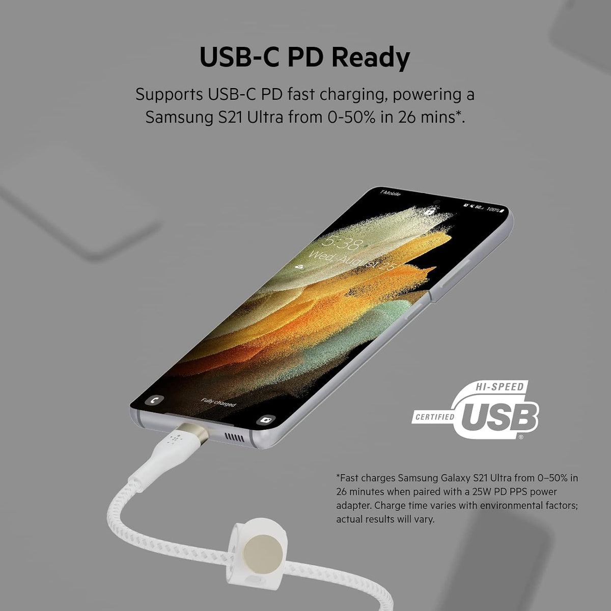 Belkin Fast Charge Pro Flex Braided USB C charger cable, USB-IF certified Power Delivery PD type C fast charging cable for iPhone 16, 15, Galaxy S24, S23, MacBook Pro, iPad, Pixel and more – 1m, white