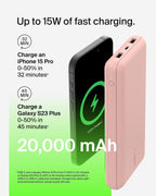 Belkin USB C Portable Charger 20000 mAh, 20K Power Bank with USB Type C Input Output Port and 2 USB A Ports with Included USB C to A Cable for iPhone, Galaxy, and More – Rose Gold