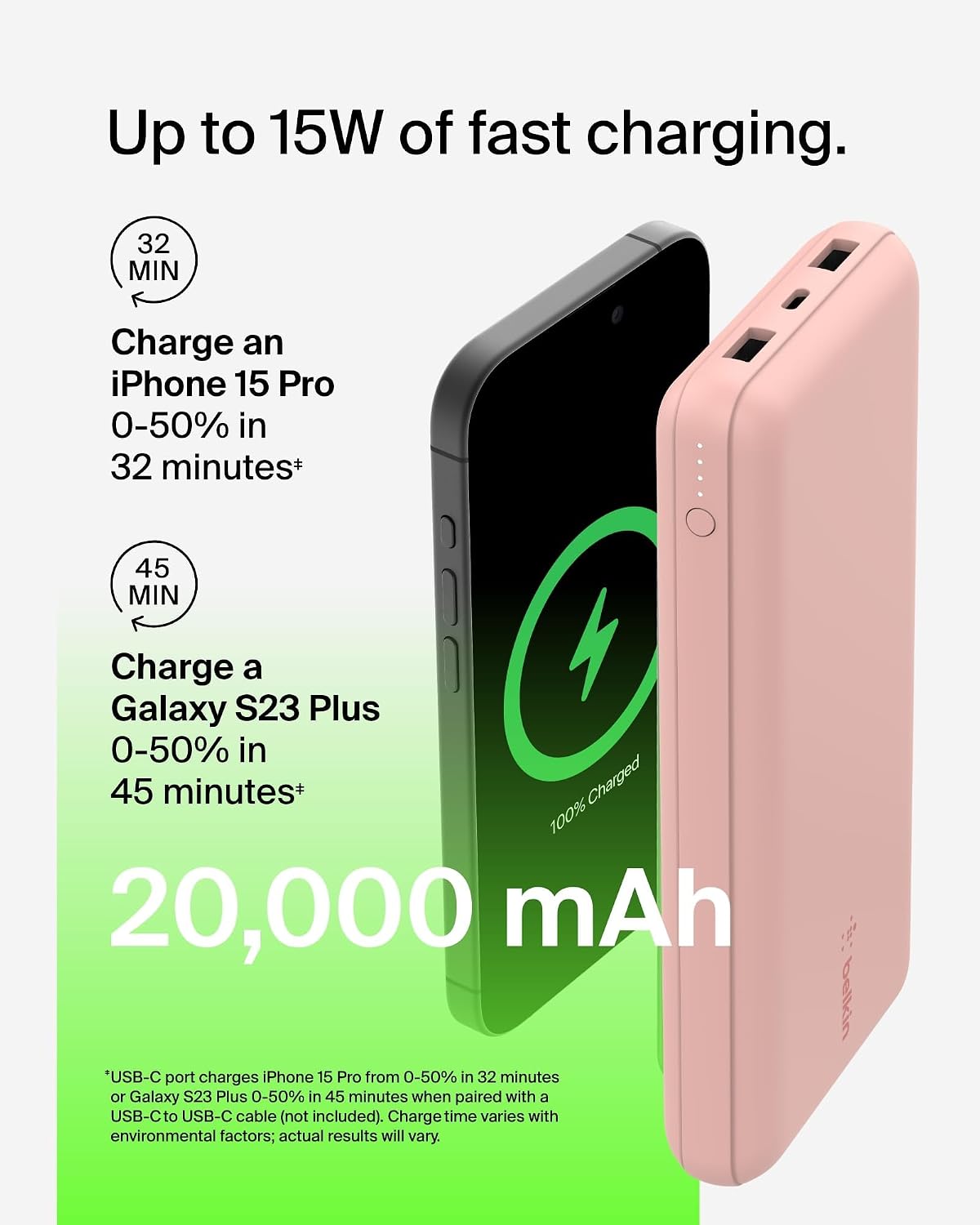 Belkin USB C Portable Charger 20000 mAh, 20K Power Bank with USB Type C Input Output Port and 2 USB A Ports with Included USB C to A Cable for iPhone, Galaxy, and More – Rose Gold