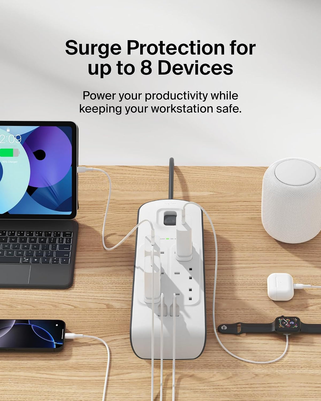 Belkin 6 Way 2 Meter Surge Protection Strip with 2 x 2.4 Ampere USB Charging