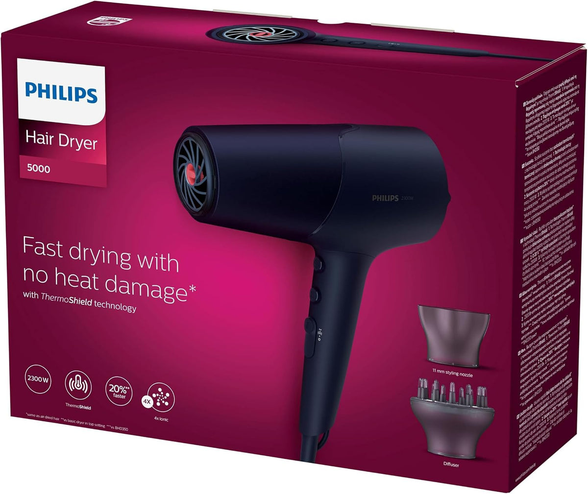 Philips 5000 Series Hair Dryer with ThermoShield Technology, 3 Heat and 2 Speed Levels, 2300 W Drying Power, BHD510/00 — Black/White