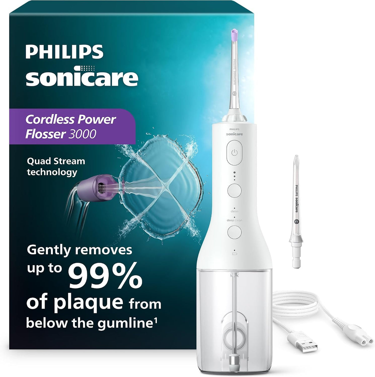 Philips SONICARE Philips Power Flosser 3000 Cordless, Oral Irrigator, White HX3826/21 — New White + 2 Nozzles