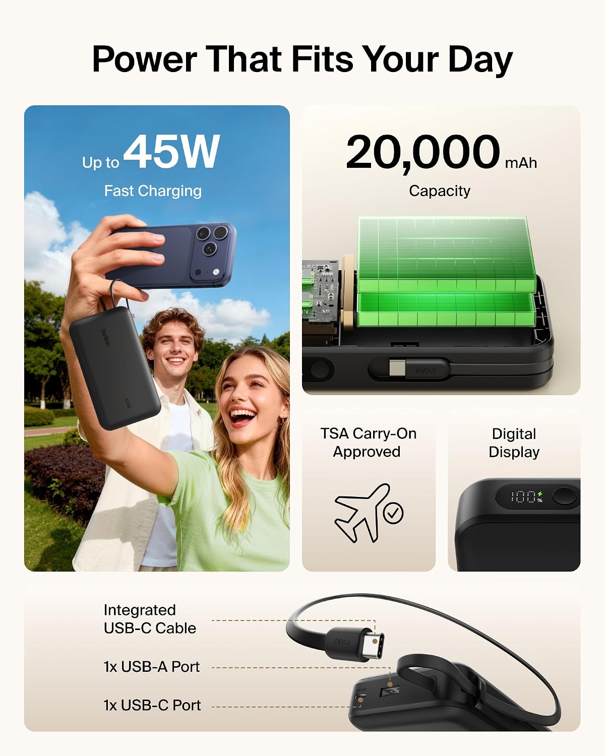 Belkin UltraCharge 20000mAh 45W Power Bank with USB-C Cable & Display Black