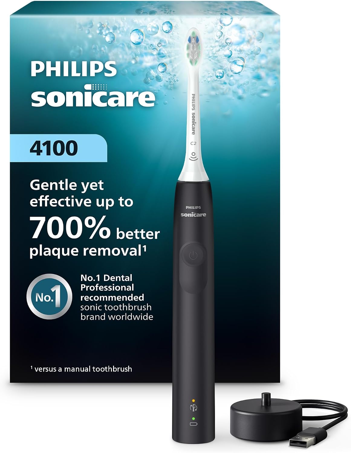 Philips Sonicare 4100 Rechargeable Electric Toothbrush, with Pressure Sensor, 2 Intensity Settings, SmarTimer and QuadPacer, 14-Day Battery Life, Black, Model HX3681/24 — Black