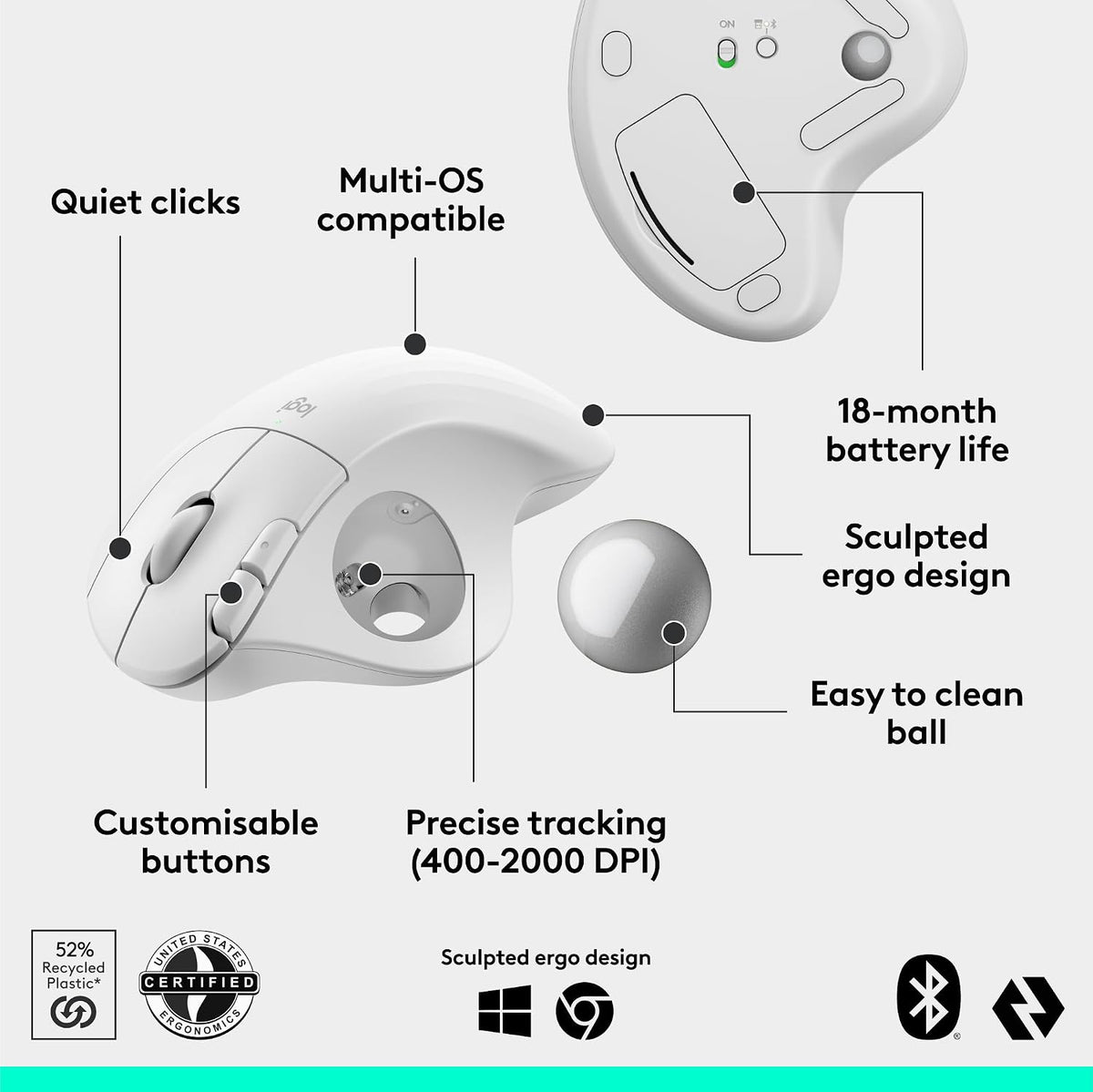 Logitech ERGO M575S Wireless Mouse — Off White / Silver Ball