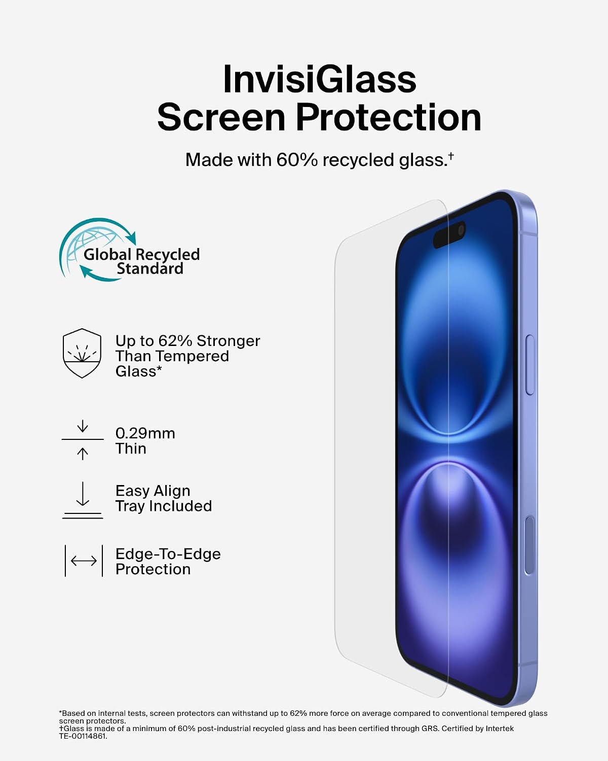 Belkin ScreenForce InvisiGlass iPhone 16 Plus Screen Protector, scratch-resistant, easy align tray for bubble free application, made with recycled glass for iPhone 16 Plus, iPhone 15 Plus, 14 Pro Max