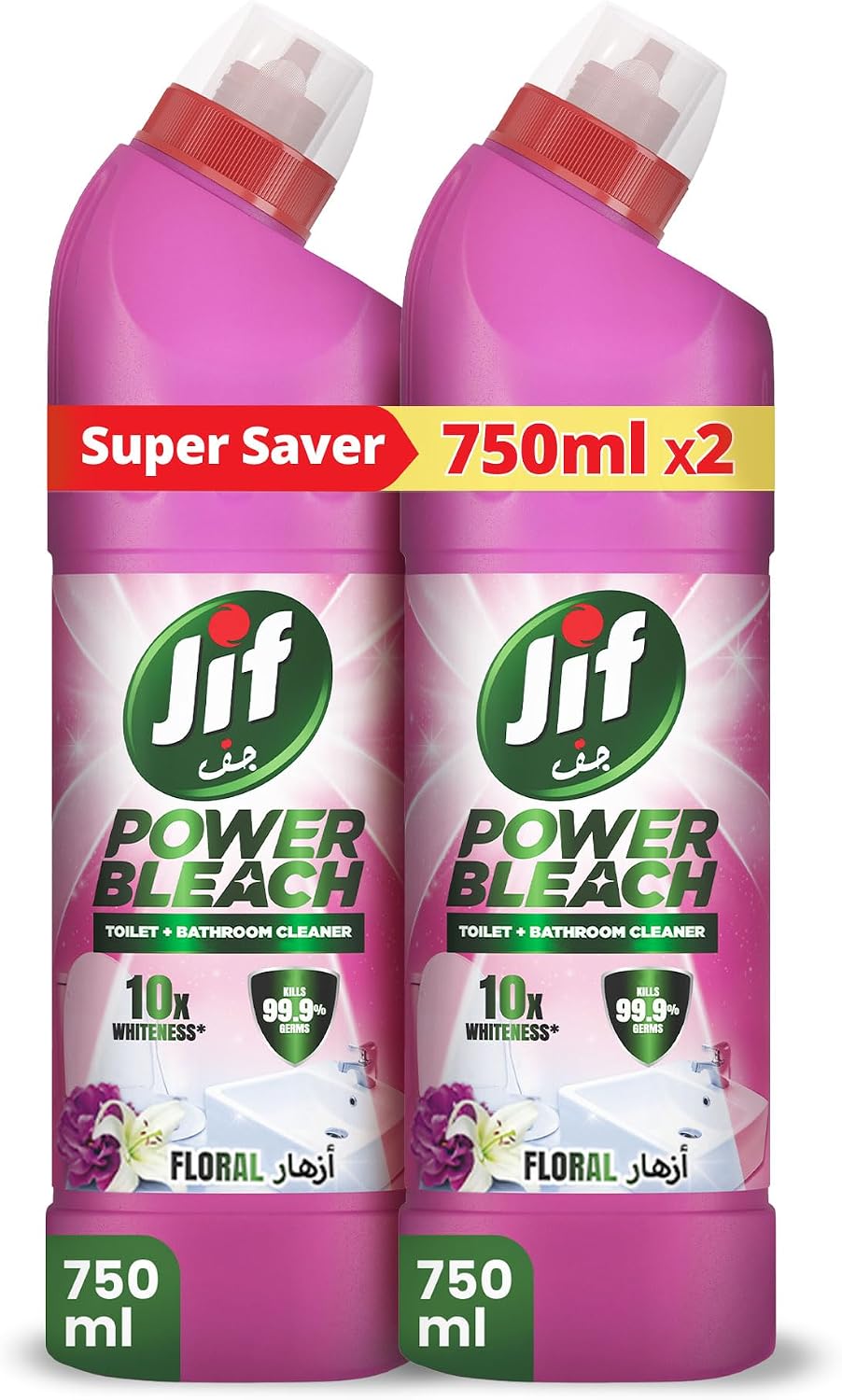 JIF Power Bleach Bathroom Cleaner, Floral, kills 99.9% germs, 750ml x 2 — front product image