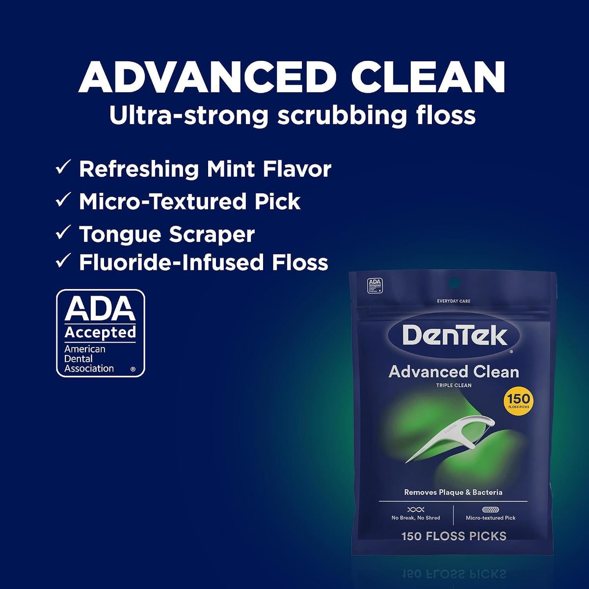 DenTek Triple Clean Advanced Clean Floss Picks, No Break & No Shred Floss, 150 Count, (Packaging May Vary) — additional product view 2
