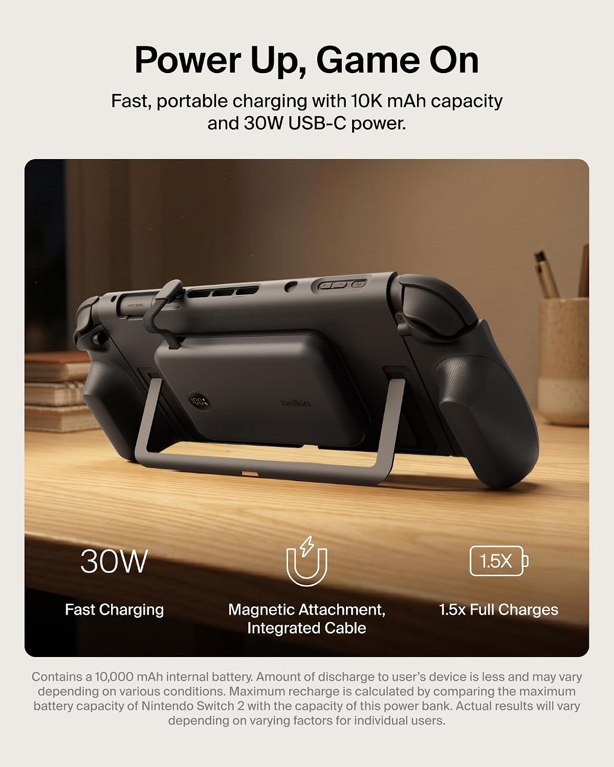 Belkin Gaming Charging Grip for Nintendo Switch 2, 10K Power Bank - Black