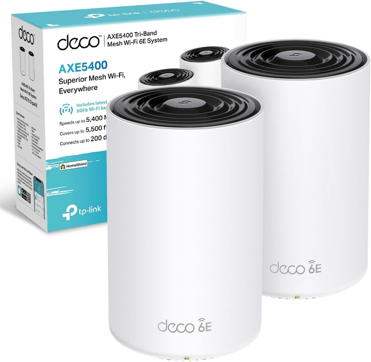 TP-Link Deco XE75 AXE5400 Whole Home Mesh Wi-Fi 6E System, Tri-Band Wi-Fi, Gigabit Ports, AI-Driven Mesh, cover up to 5,500 ft2, Connect up to 200 devices,1.7 GHz Quad-Core CPU, HomeShield, Pack of 2