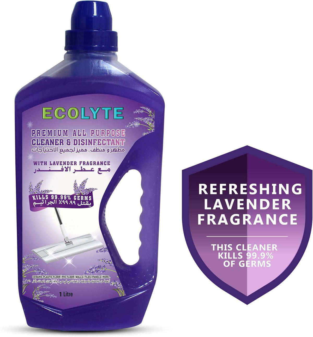 ECOLYTE+ Disinfectant Ecolyte Premium Floor Cleaner All Purpose Cleaner Plus Disinfectant, for Hospital, Home, Office & Commercial Use for Dirt, Stains & Germs, Floor Cleaning, (Lavender, 1 Liter) — additional view 2