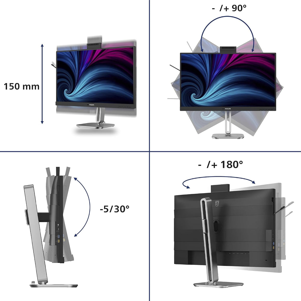 Philips Monitor 27B2U4601H 27 Inch 120Hz IPS Panel, 4ms GtG, Height Adjustable, Webcam, Speakers, USB Hub (2560x1440 HDMI 1x 2.1 TMDS DP 1x 1.4) Charcoal Grey — Charcoal