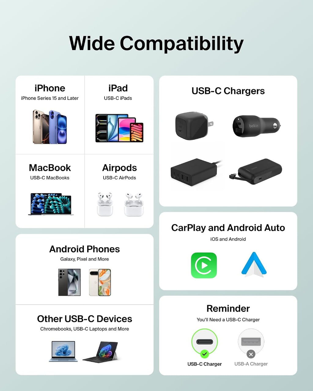 Belkin 2-Pack Braided USB-C to USB-C Cable 5ft, 60W - Soft, Flexible Fast-Charging Cable, Type C Charger Cord for iPhone 17 & 16 Series, Galaxy S25, Pixel 10, iPad Pro, & More - Green