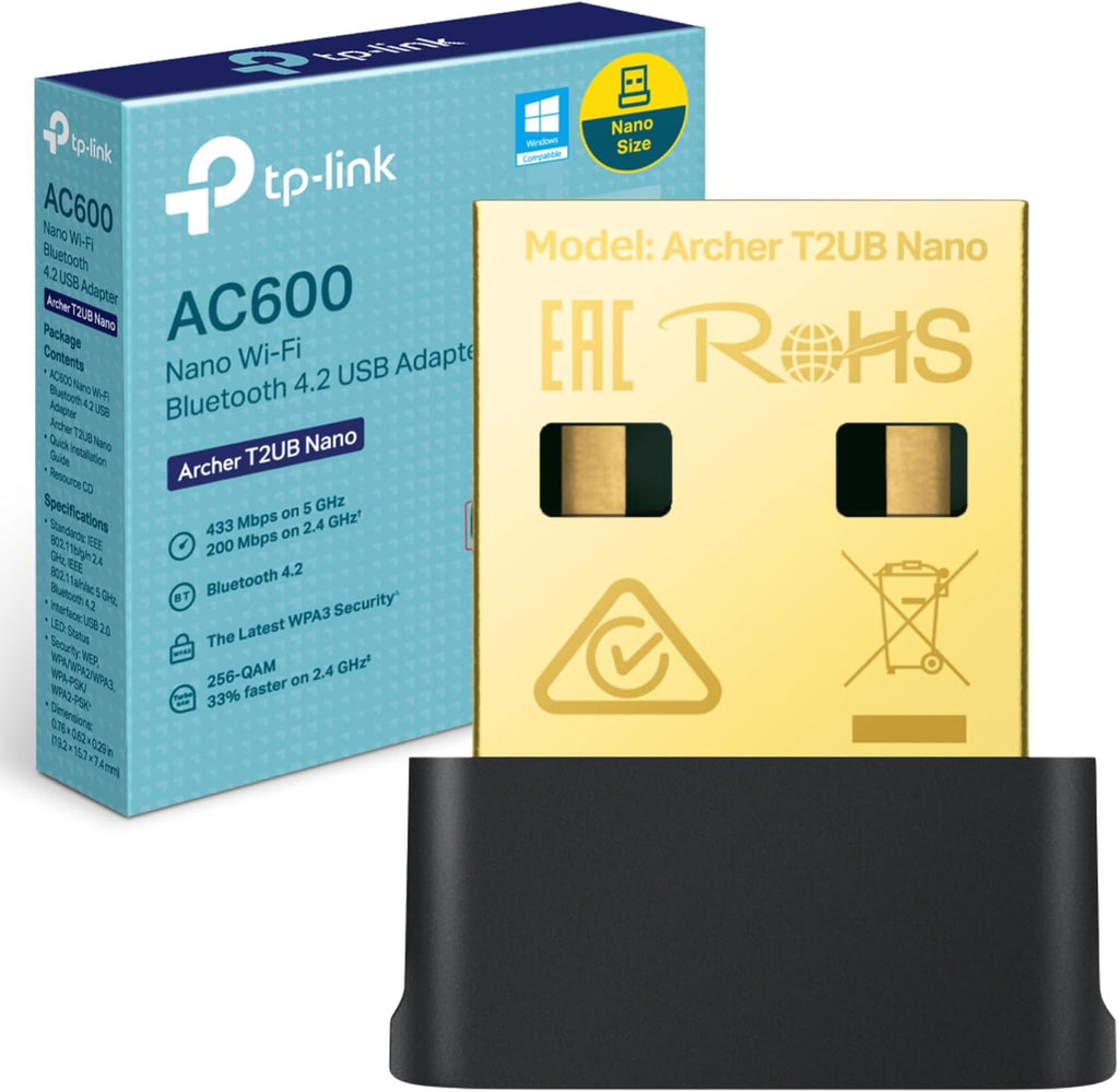 TP-Link AC600 Nano Wi-Fi Bluetooth 4.2 USB Adapter, Dual Band Wireless, Supports Windows 11/10/8.1/8/7 for Wi-Fi, Windows 11/10/8.1/7 for Bluetooth, WPA3 Security, Plug and Play (Archer T2UB Nano)