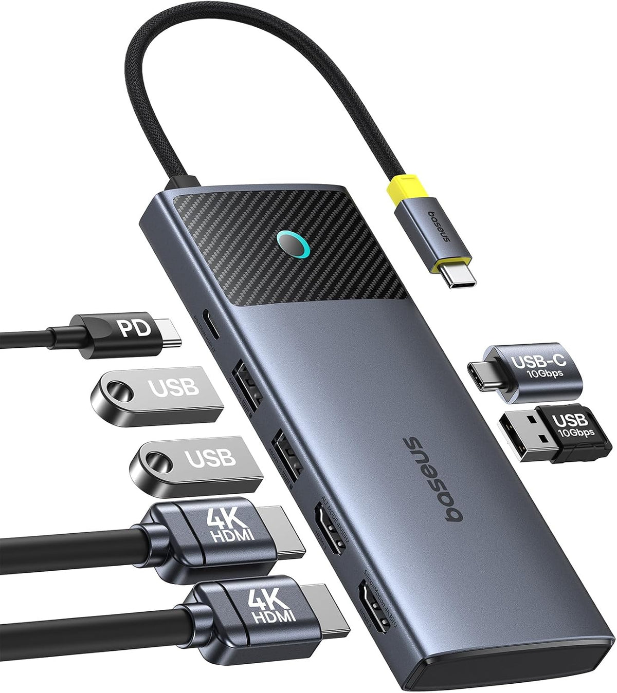 Baseus 7 in 1 USB C Hub Dual HDMI Adapter for MacOS with 2 HDMI, 10Gbps USB-A and USB-C, 2 USB-A 3.0, 100W PD, Docking Station for Laptop MacBook Pro Air M1 M2 M3 — 7 in 1 for MacOS — Grey